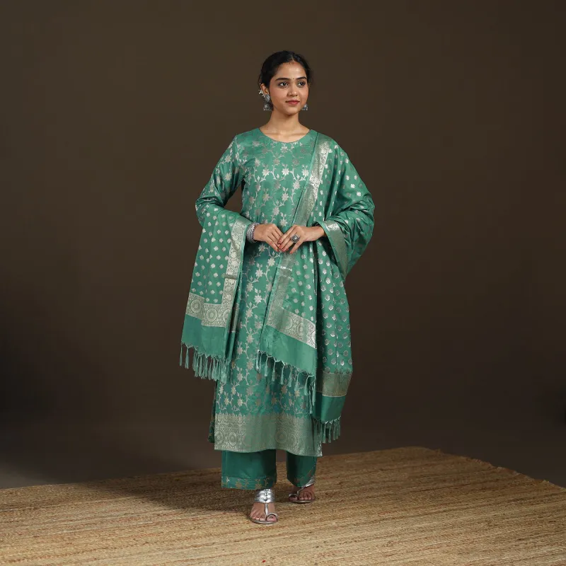 Green - Banarasi Brocade Katan Silk Suit Set with Dupatta for Women 13 made by Itokri