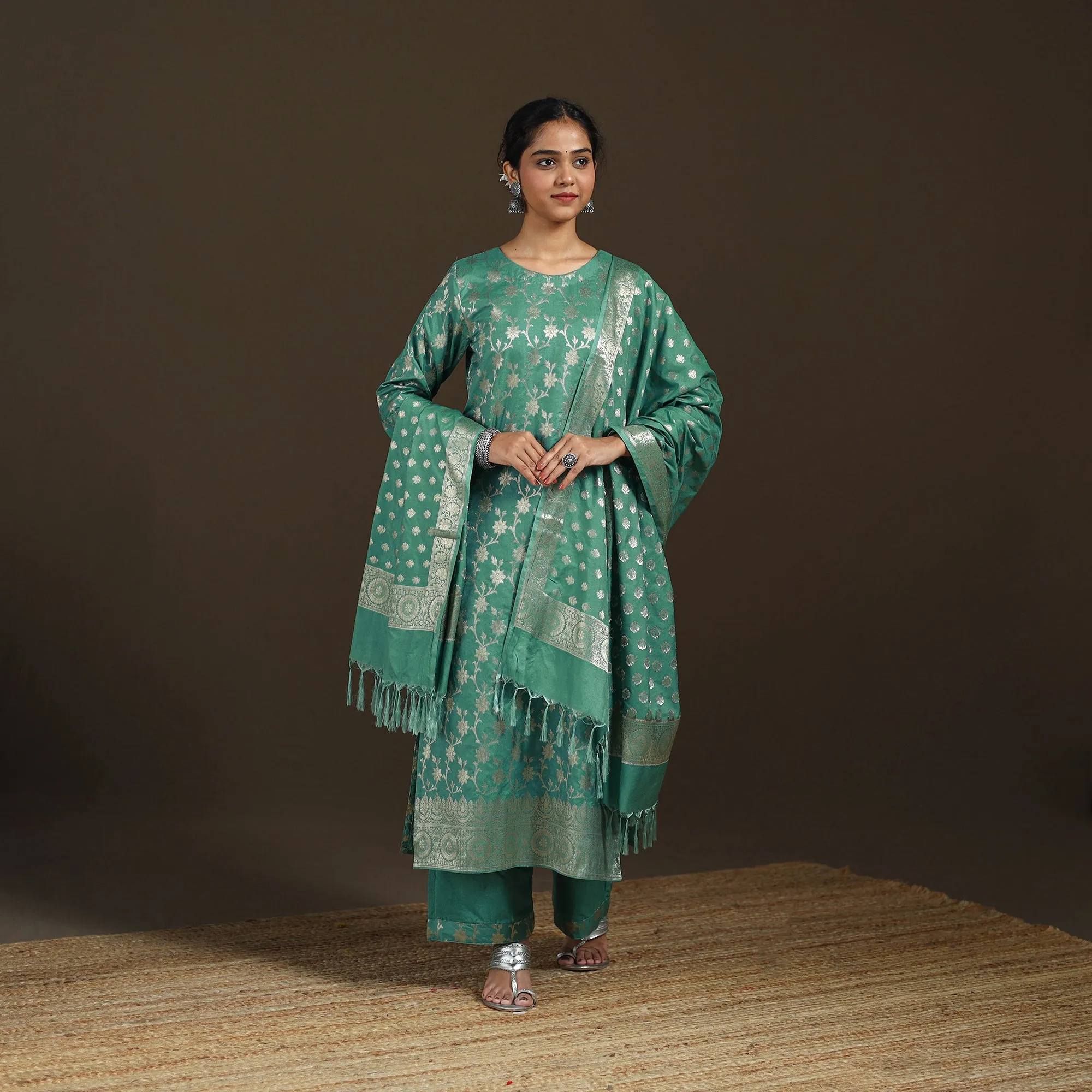 Green - Banarasi Brocade Katan Silk Suit Set with Dupatta for Women 13 sold by Itokri