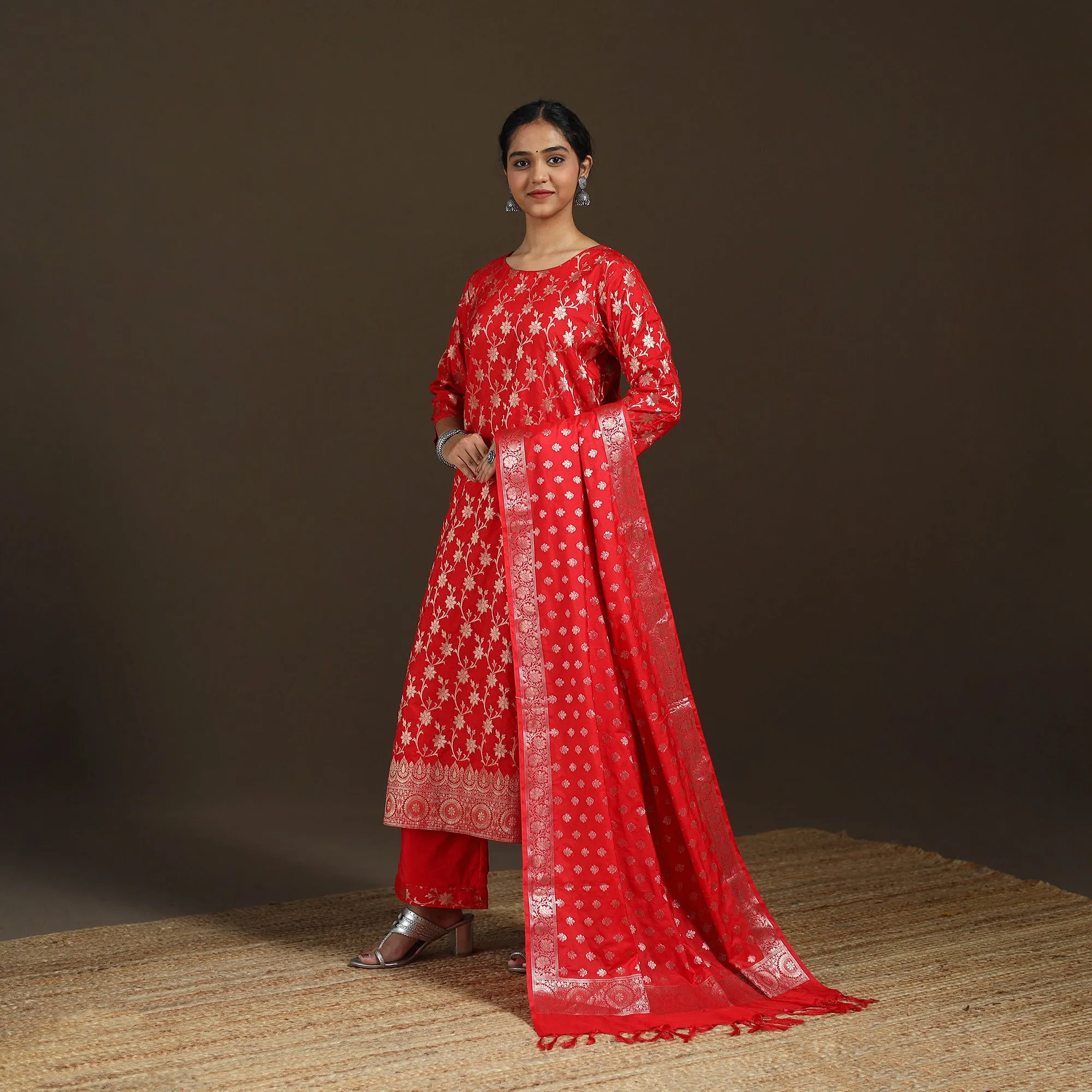 Red - Banarasi Brocade Katan Silk Suit Set with Dupatta for Women 11 sold by Itokri product image thumbnail 5