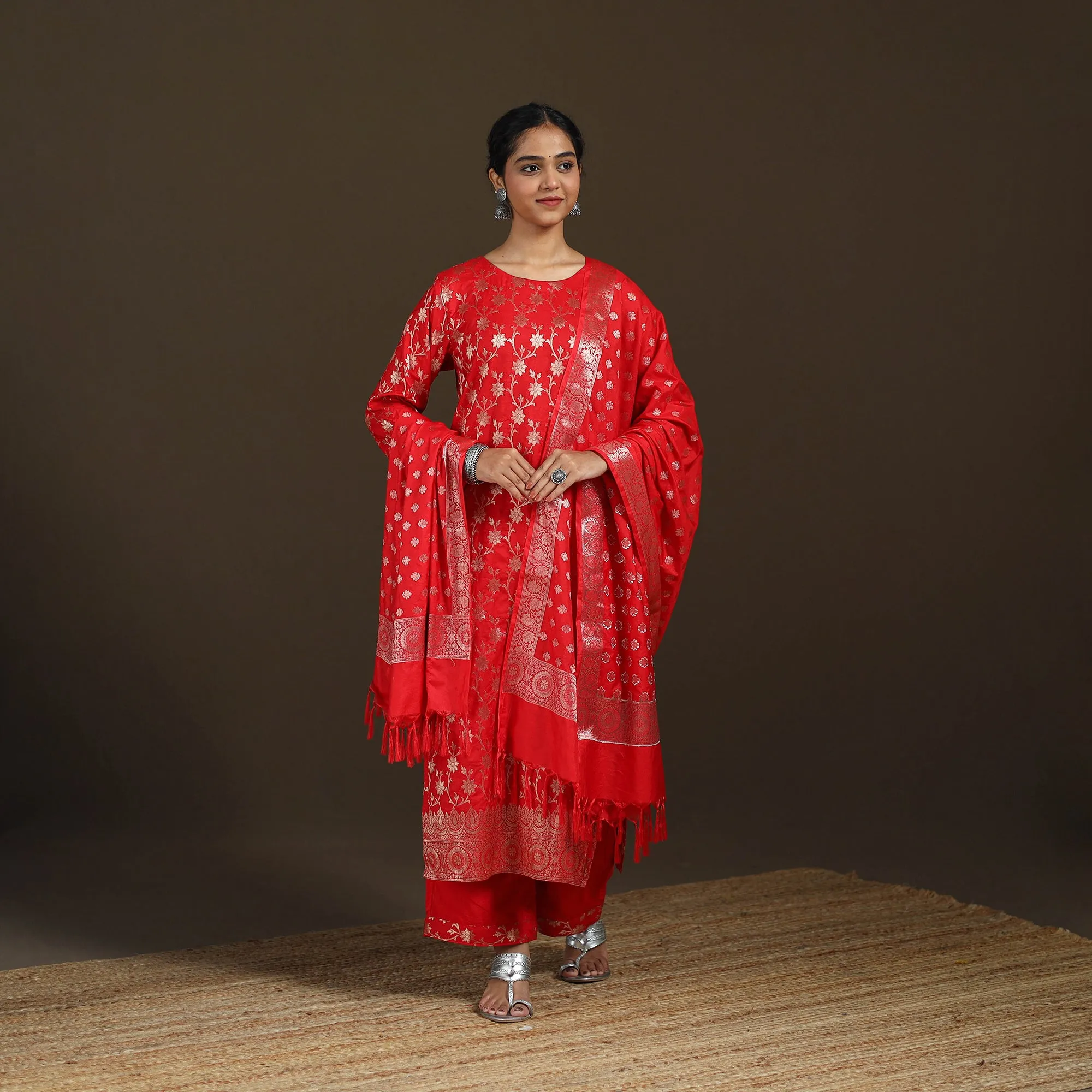 Red - Banarasi Brocade Katan Silk Suit Set with Dupatta for Women 11 sold by Itokri product image thumbnail 2