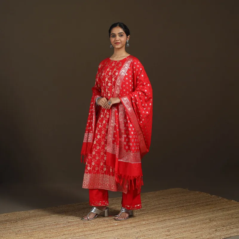 Red - Banarasi Brocade Katan Silk Suit Set with Dupatta for Women 11 made by Itokri