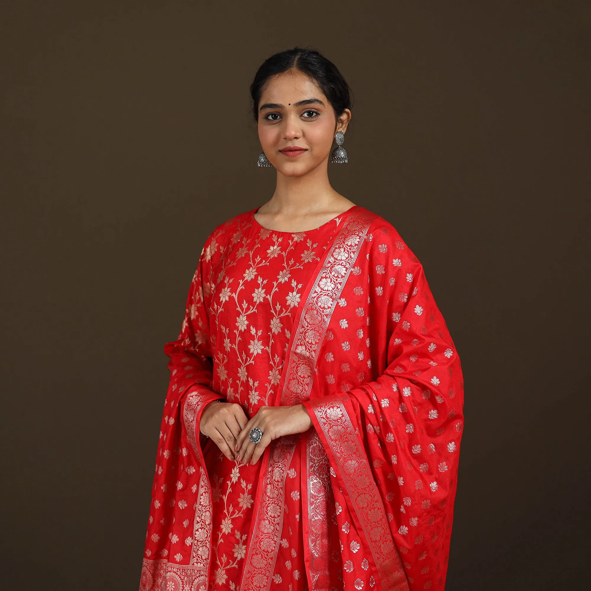 Red - Banarasi Brocade Katan Silk Suit Set with Dupatta for Women 11 sold by Itokri product image thumbnail 4