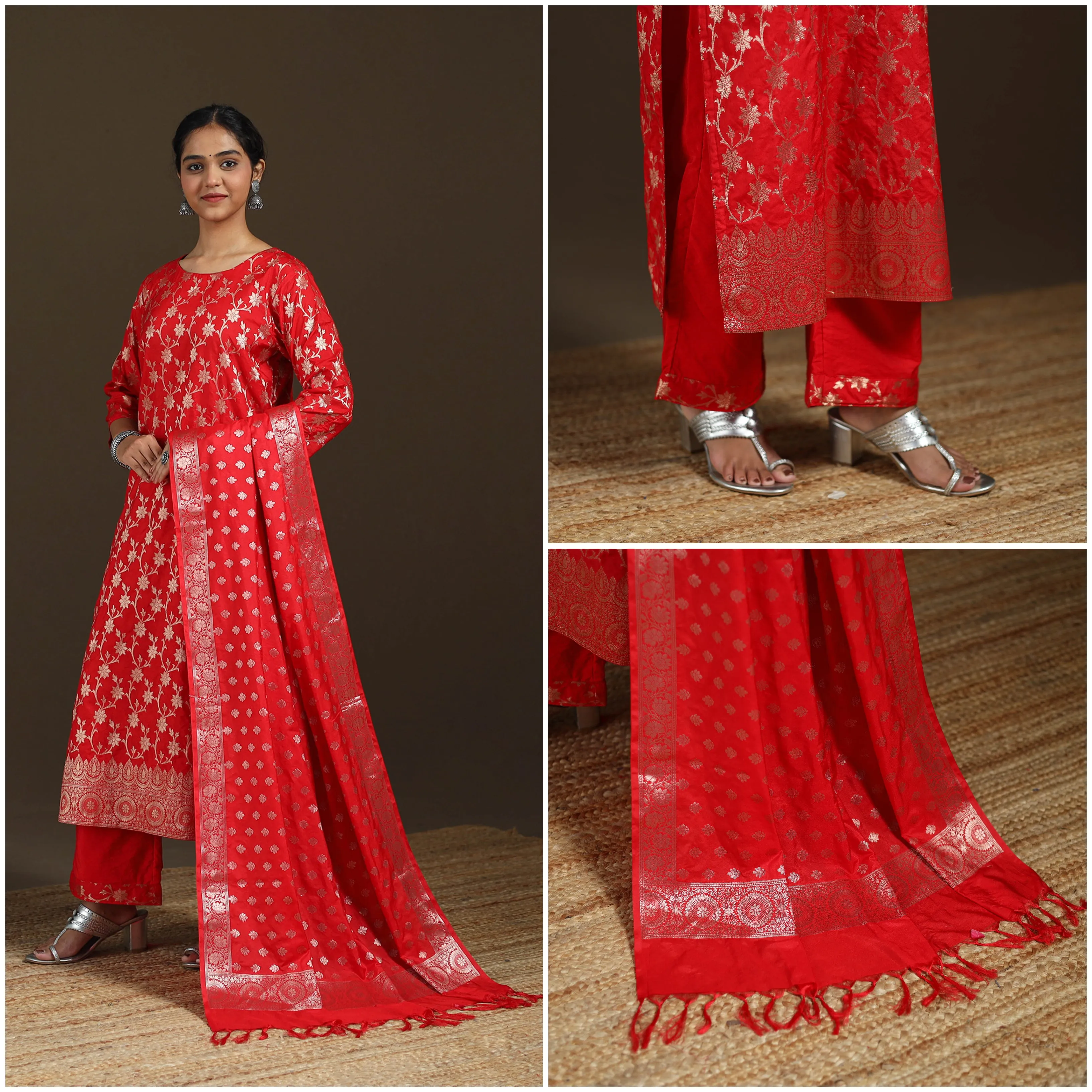 Red - Banarasi Brocade Katan Silk Suit Set with Dupatta for Women 11 sold by Itokri product image thumbnail 3