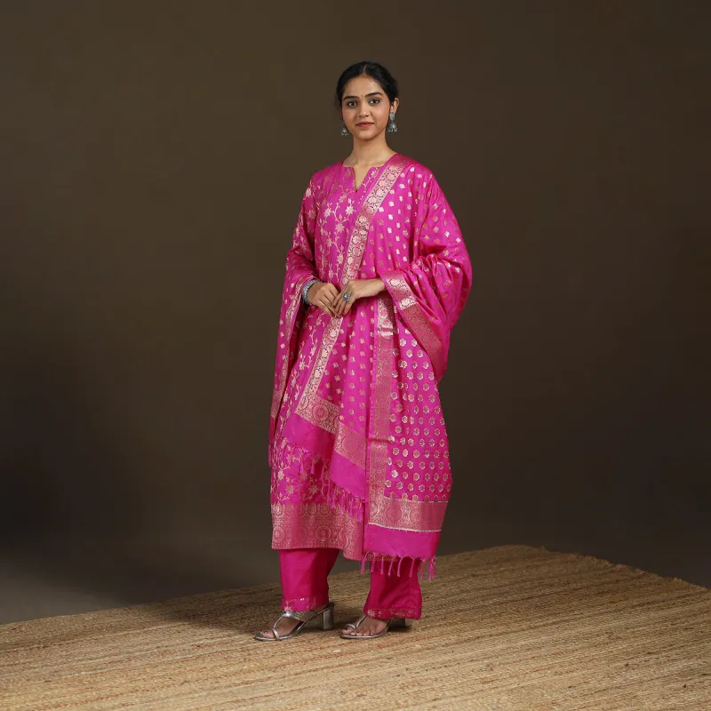 Pink - Banarasi Brocade Katan Silk Suit Set with Dupatta for Women 09 made by Itokri