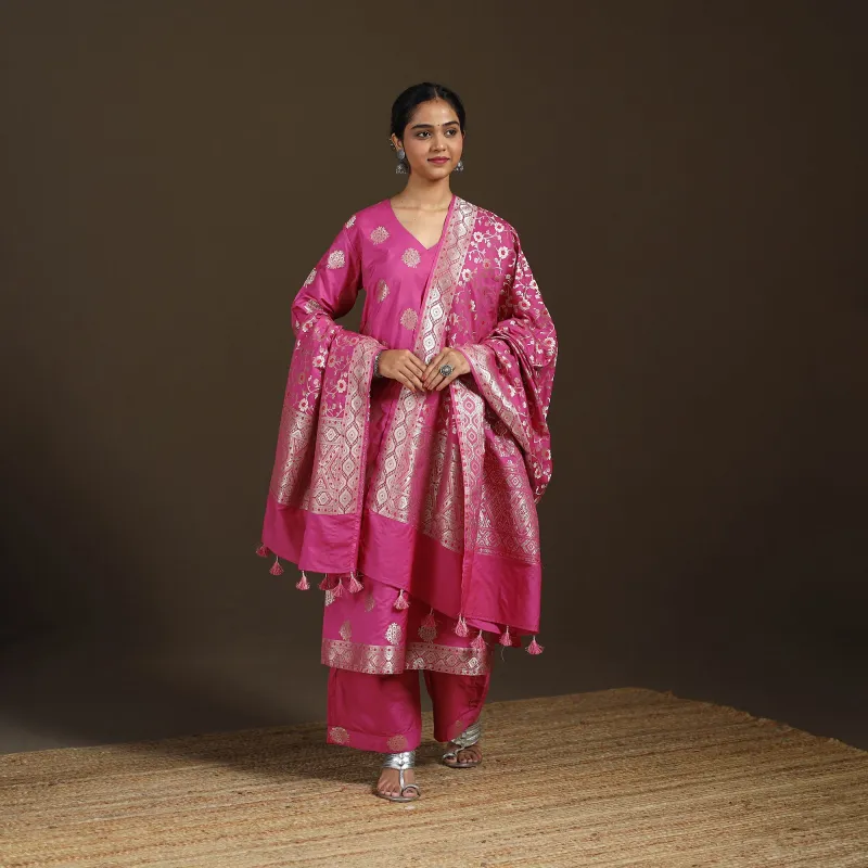 Pink - Banarasi Brocade Chiniya Silk Suit Set with Dupatta for Women 04 made by Itokri