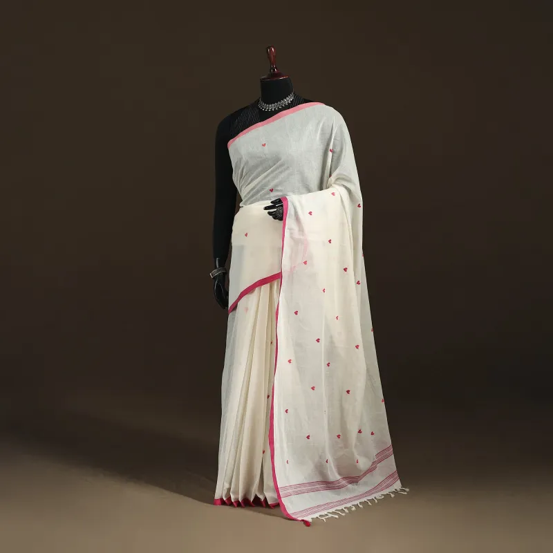 White - Bengal Handwoven Cotton Heart Buti Begumpuri Saree with Blouse Piece 06 made by Itokri