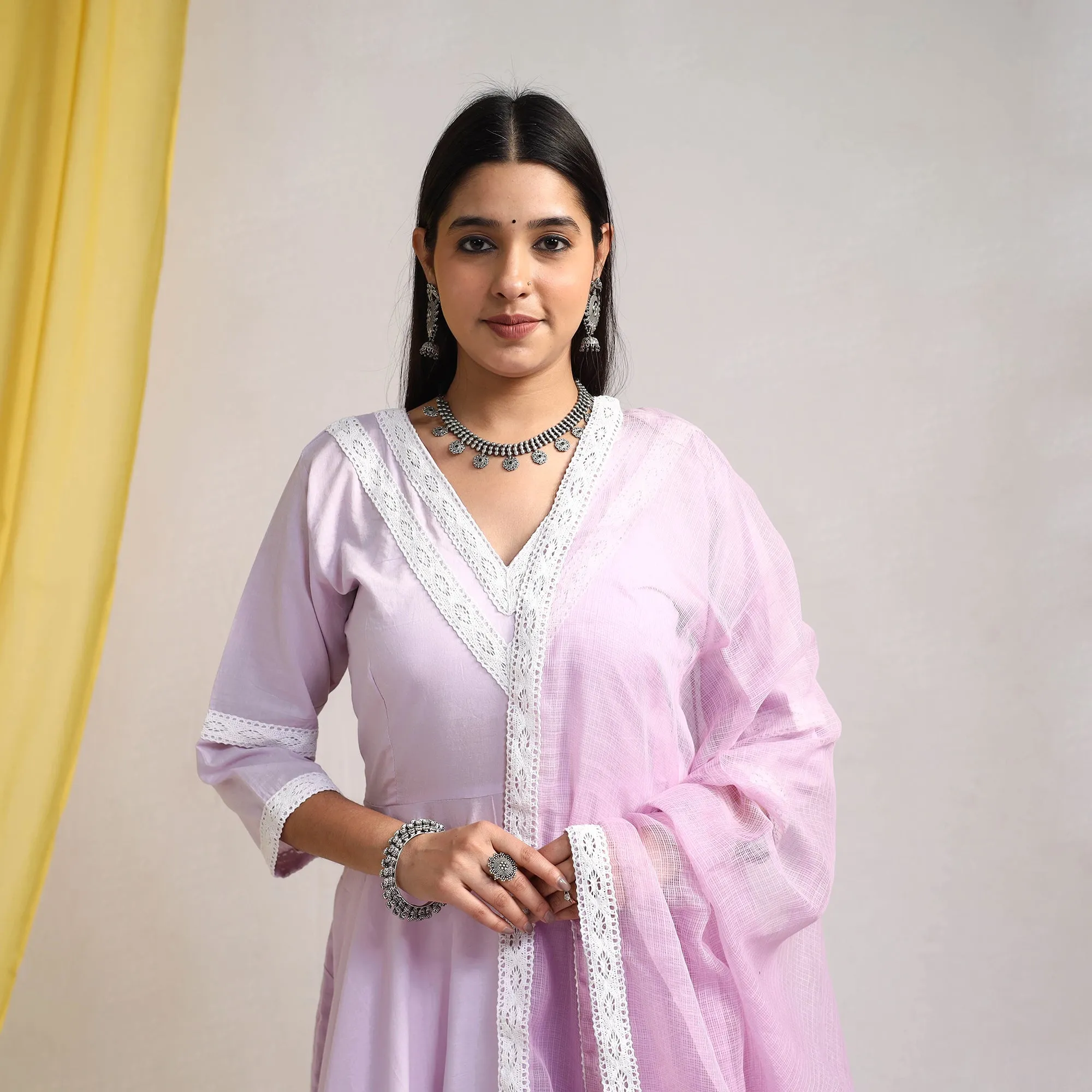Purple - Light Lavender - Lace Work Plain Cotton Anarkali Kurta with Dupatta Set 09 sold by Itokri product image thumbnail 2