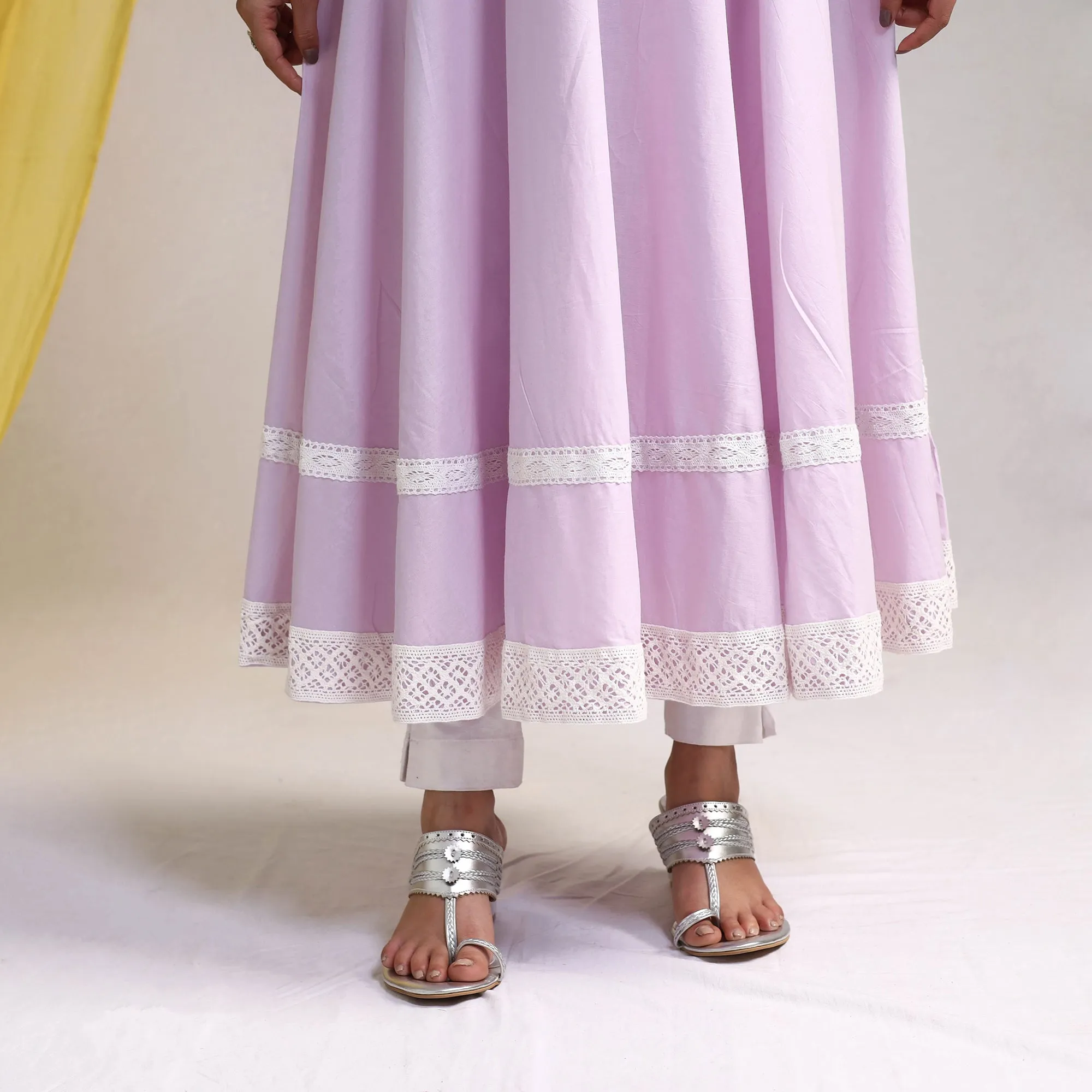 Purple - Light Lavender - Lace Work Plain Cotton Anarkali Kurta with Dupatta Set 09 sold by Itokri product image thumbnail 5
