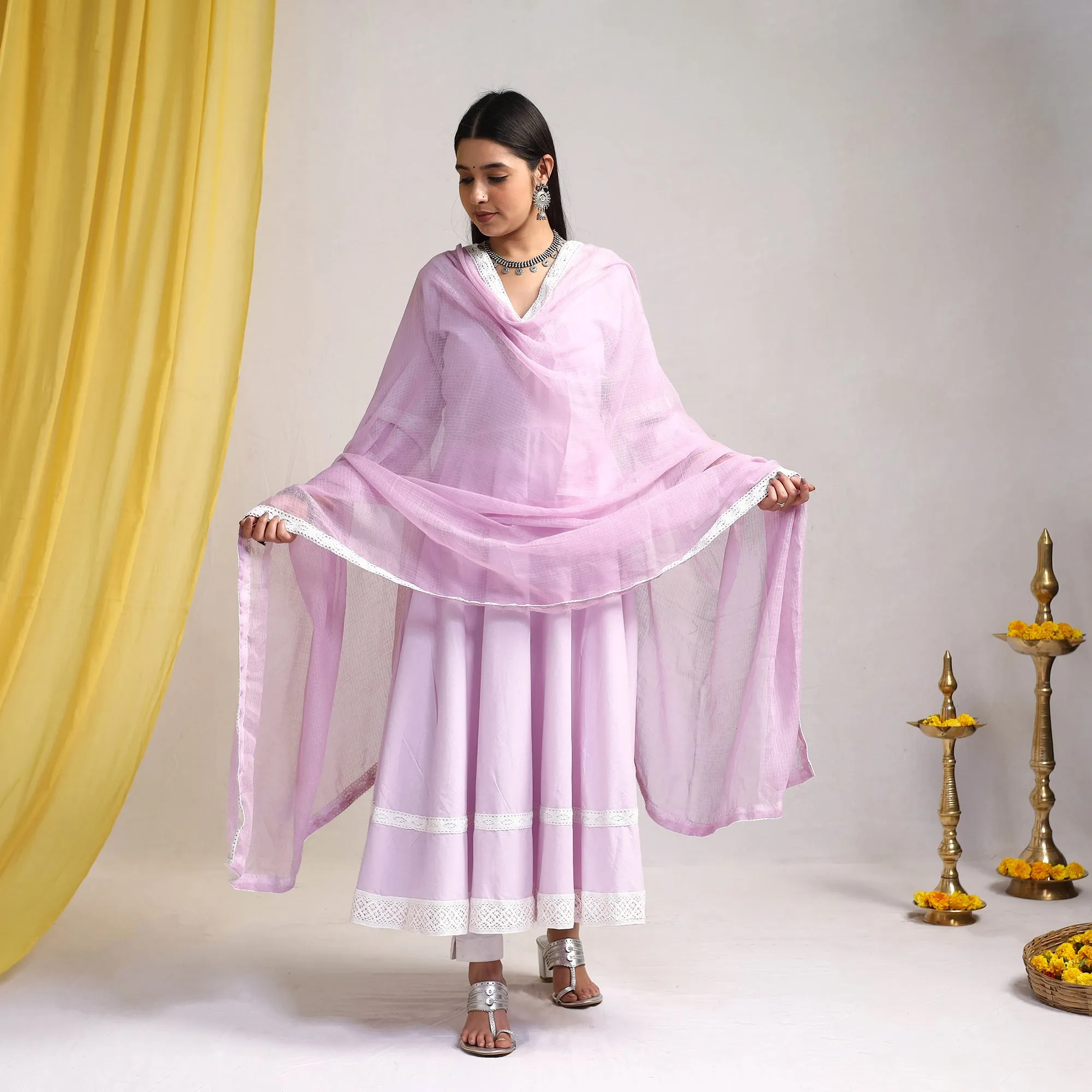 Purple - Light Lavender - Lace Work Plain Cotton Anarkali Kurta with Dupatta Set 09 sold by Itokri product image thumbnail 3