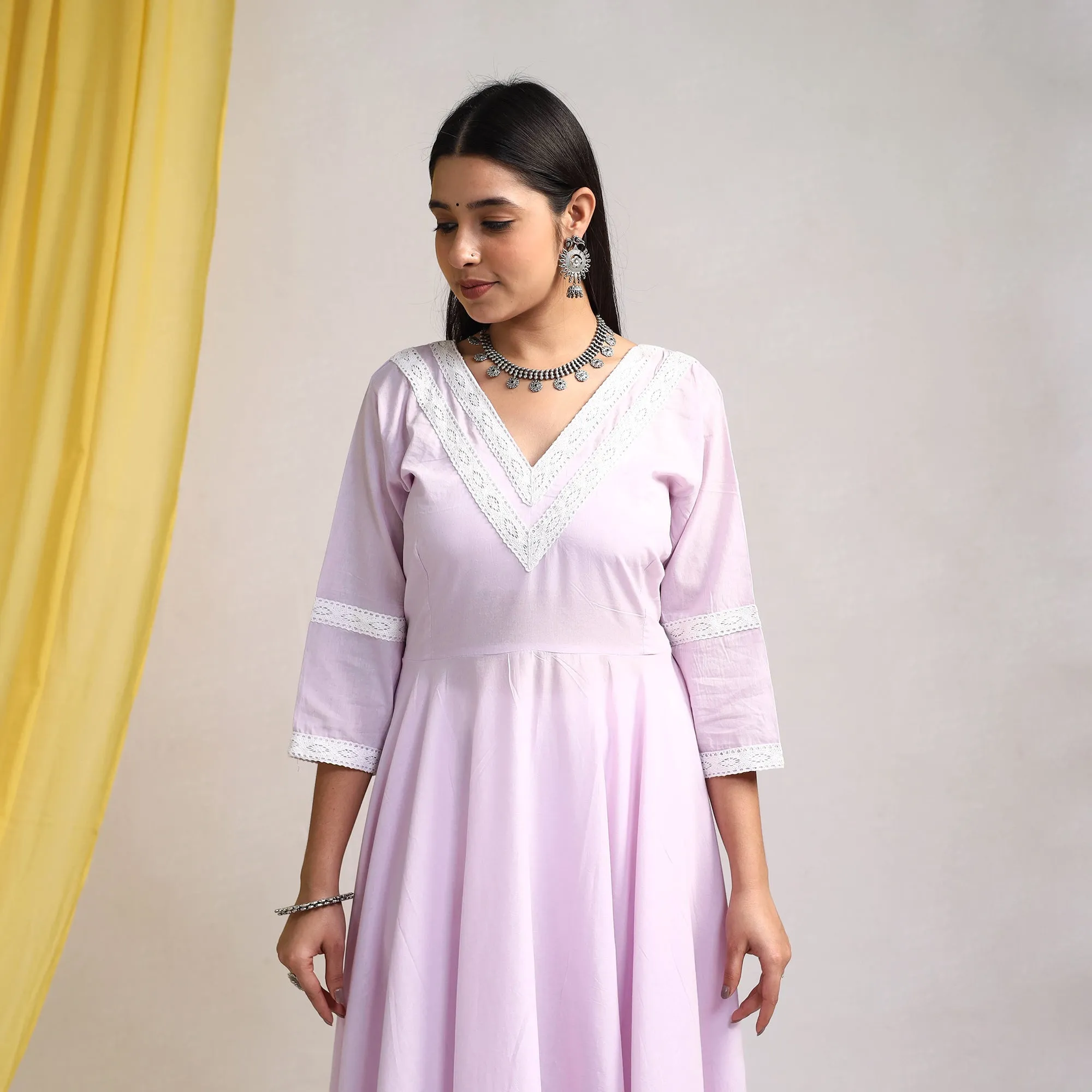 Purple - Light Lavender - Lace Work Plain Cotton Anarkali Kurta with Dupatta Set 09 sold by Itokri product image thumbnail 4