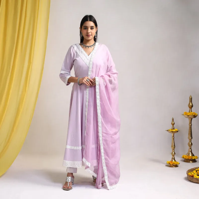 Purple - Light Lavender - Lace Work Plain Cotton Anarkali Kurta with Dupatta Set 09 made by Itokri