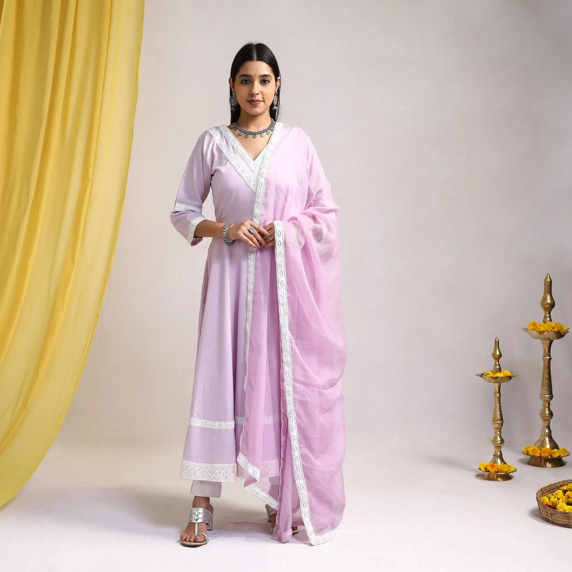 Purple - Light Lavender - Lace Work Plain Cotton Anarkali Kurta with Dupatta Set 09 sold by Itokri