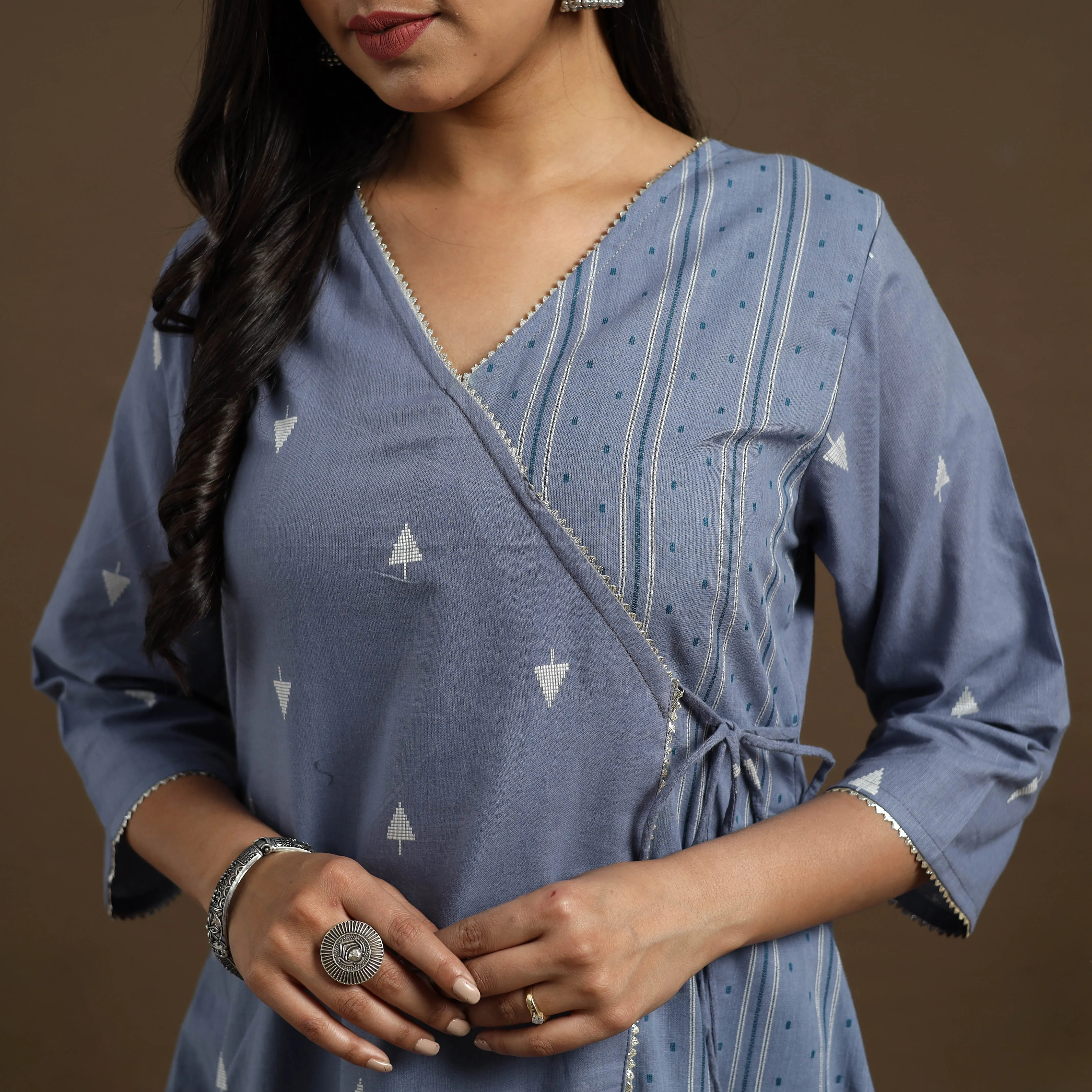 Blue - Angrakha Cotton Gota Work Jacquard Kurta with Palazzo Set 02 sold by Itokri product image thumbnail 3