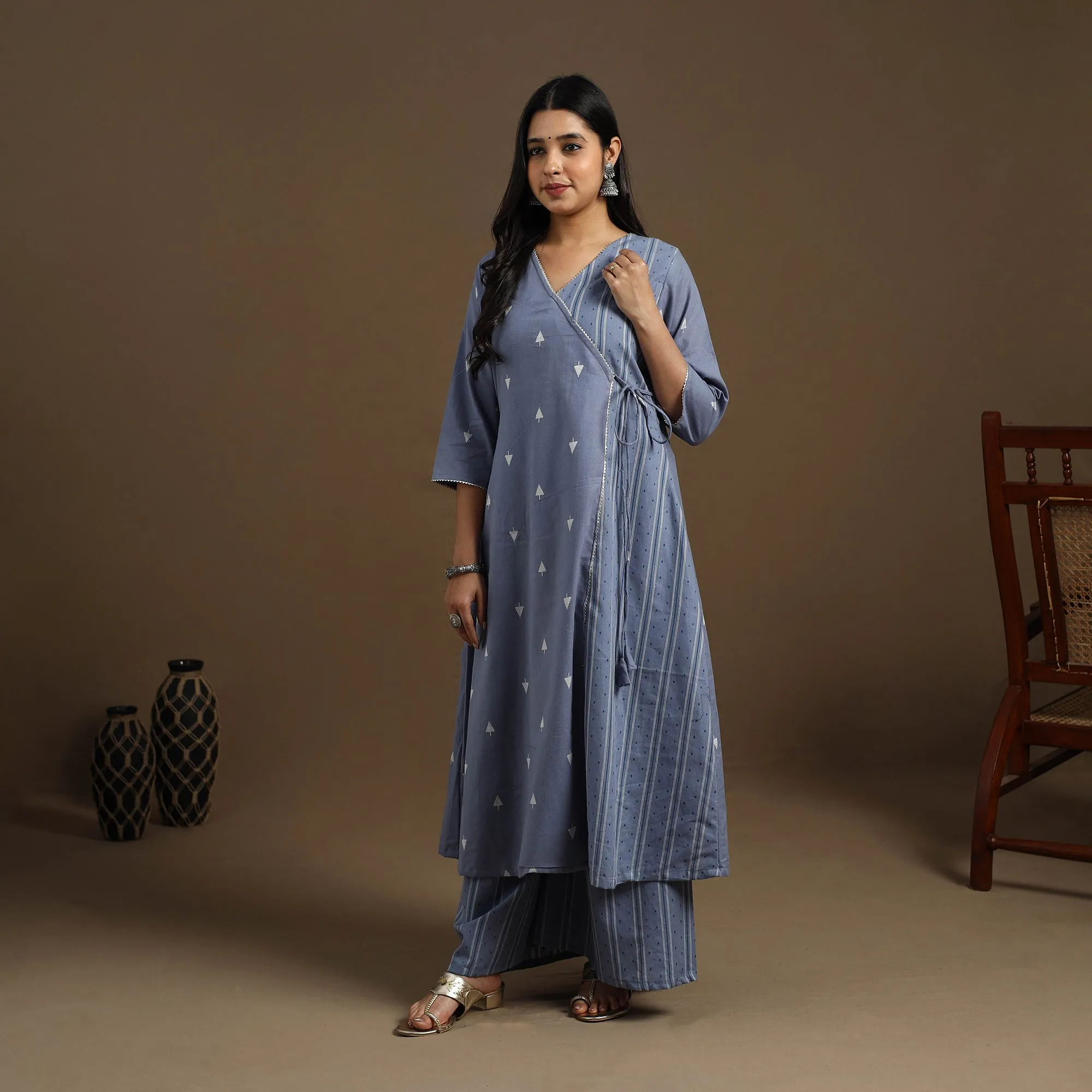Blue - Angrakha Cotton Gota Work Jacquard Kurta with Palazzo Set 02 sold by Itokri product image thumbnail 2