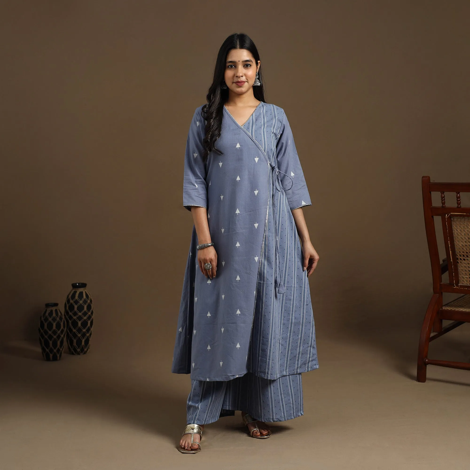 Blue - Angrakha Cotton Gota Work Jacquard Kurta with Palazzo Set 02 sold by Itokri