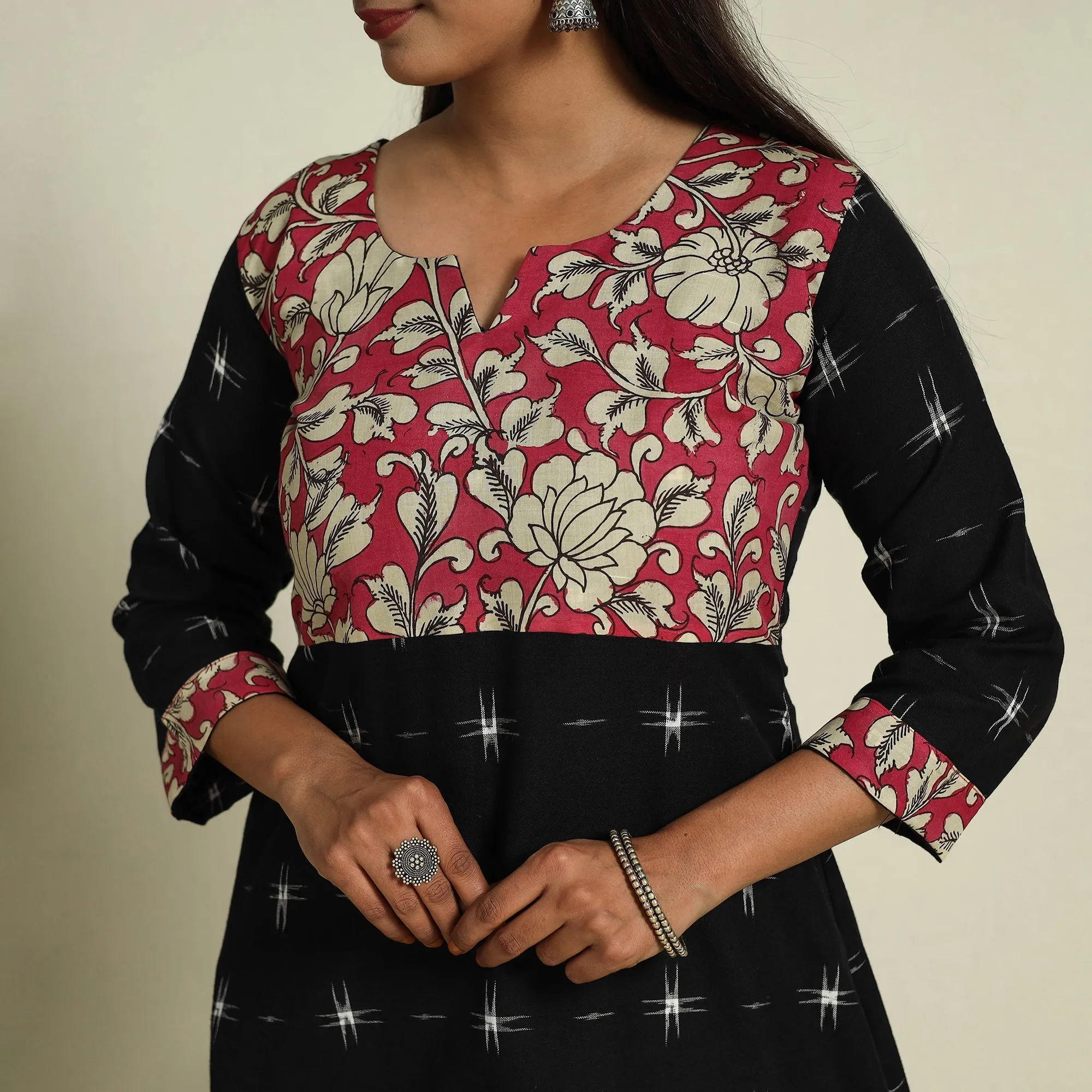 Black - Srikalahasti Mosaic Fusion Cotton A-Line Ikat Kurta 10 sold by Itokri product image thumbnail 5