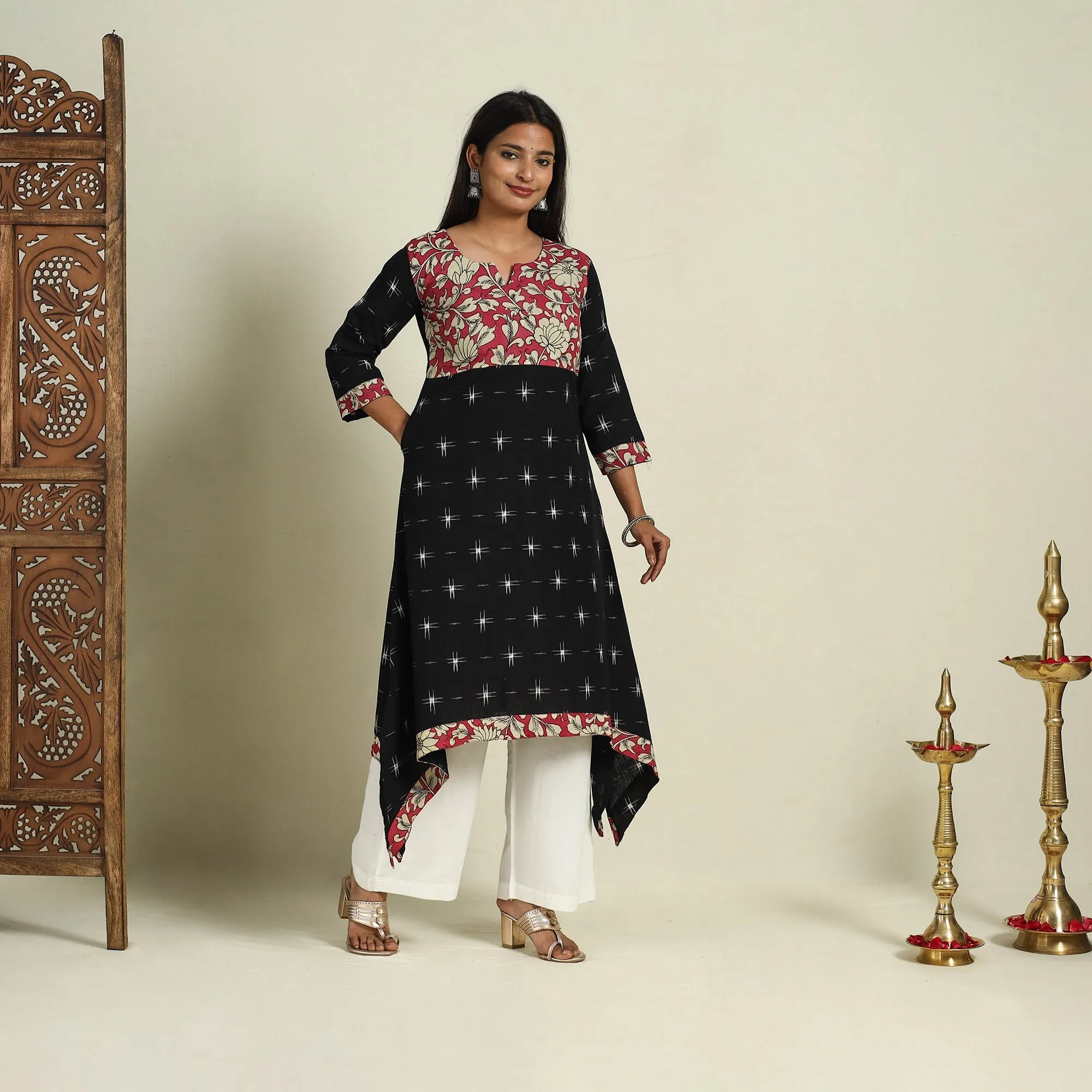 Black - Srikalahasti Mosaic Fusion Cotton A-Line Ikat Kurta 10 sold by Itokri product image thumbnail 2