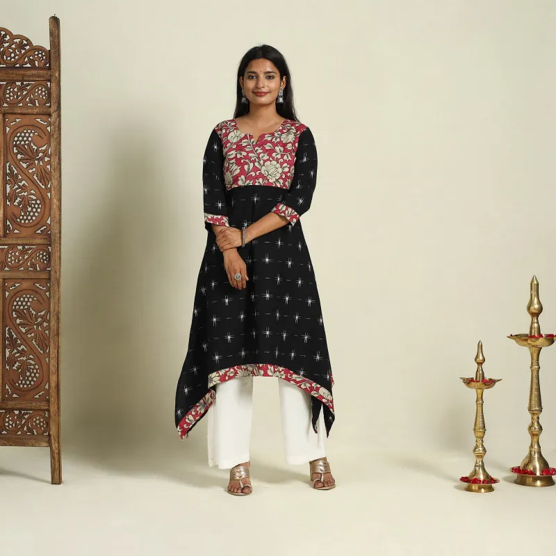 Black - Srikalahasti Mosaic Fusion Cotton A-Line Ikat Kurta 10 made by Itokri