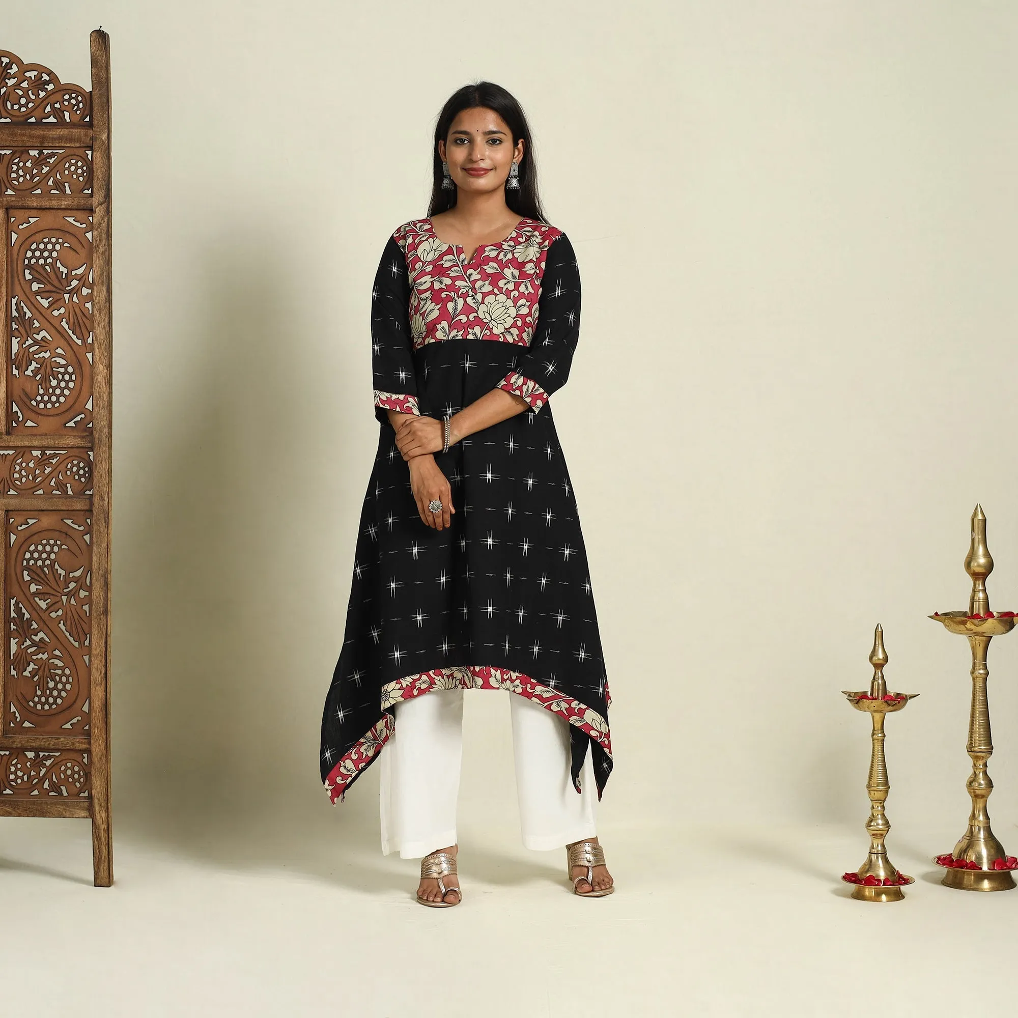 Black - Srikalahasti Mosaic Fusion Cotton A-Line Ikat Kurta 10 sold by Itokri