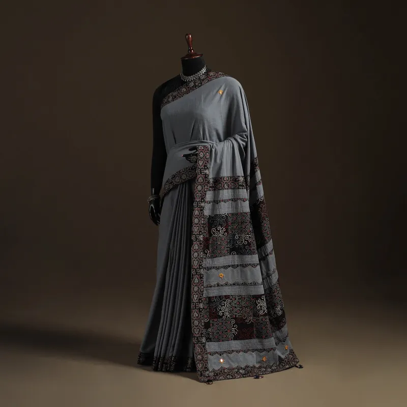 Ajrakh Hand Block Print Tagai & Mirror Patchwork Pure Mul Cotton Saree 08 made by Itokri
