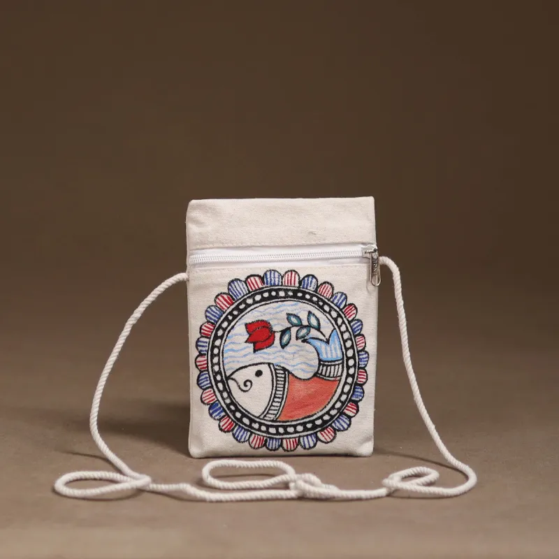 White - Madhubani Handpainted Mobile Sling Bag 41 made by Itokri