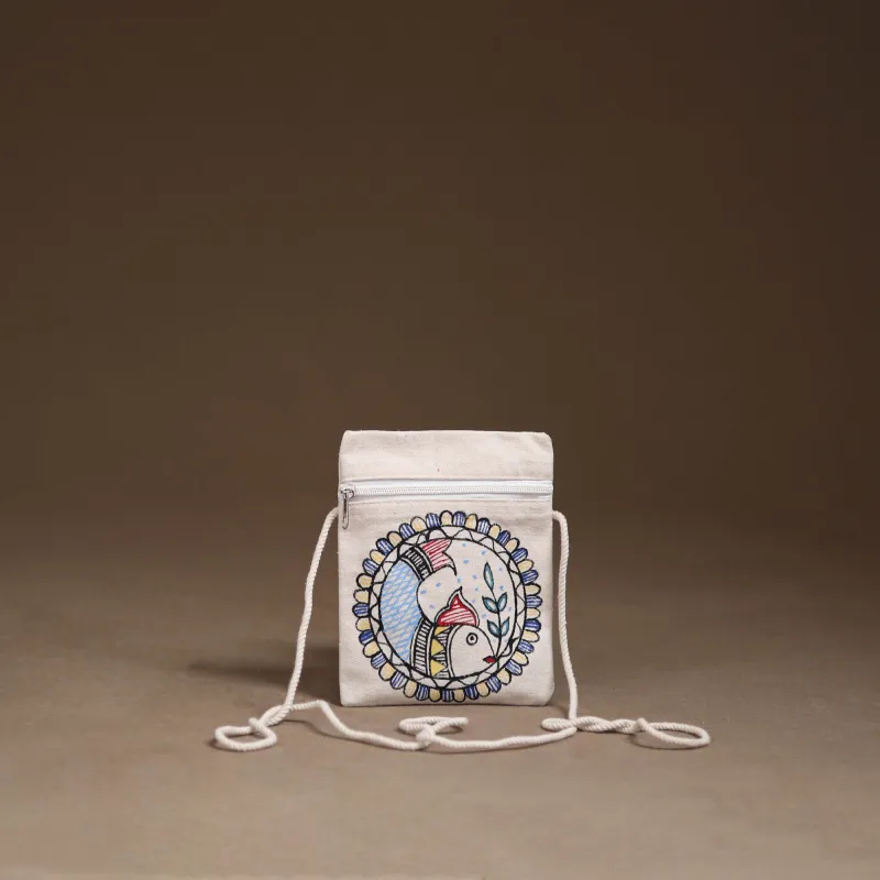 White - Madhubani Handpainted Mobile Sling Bag 27 made by Itokri