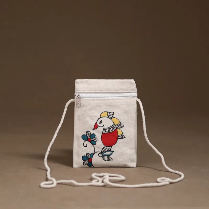 White - Madhubani Handpainted Mobile Sling Bag 19 made by Itokri