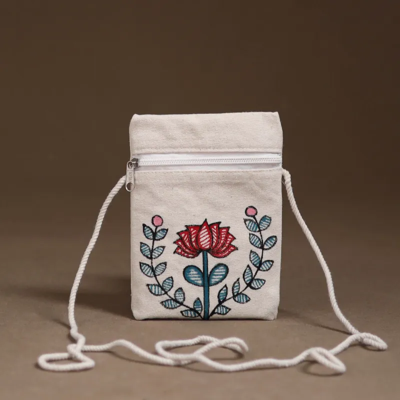 White - Madhubani Handpainted Mobile Sling Bag 04 made by Itokri