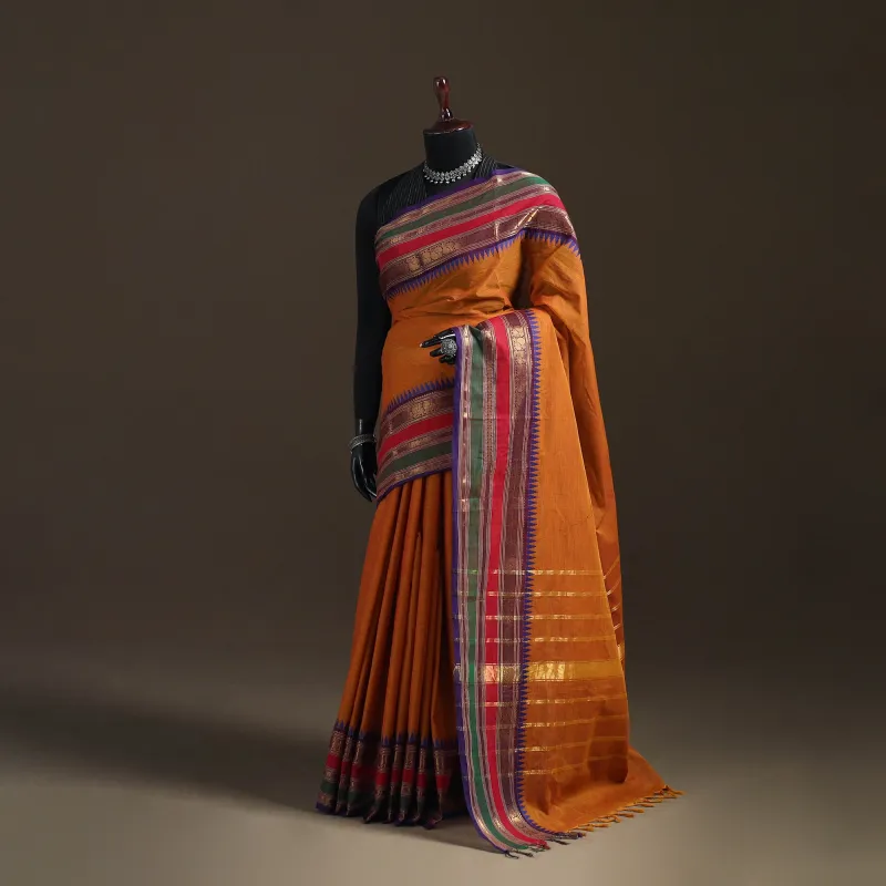 Orange - Chettinad Woven Cotton Saree with Border 37 made by Itokri
