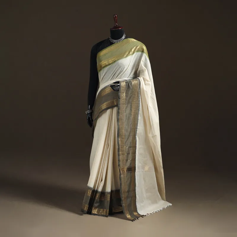 White - Chettinad Woven Cotton Saree with Border 02 made by Itokri