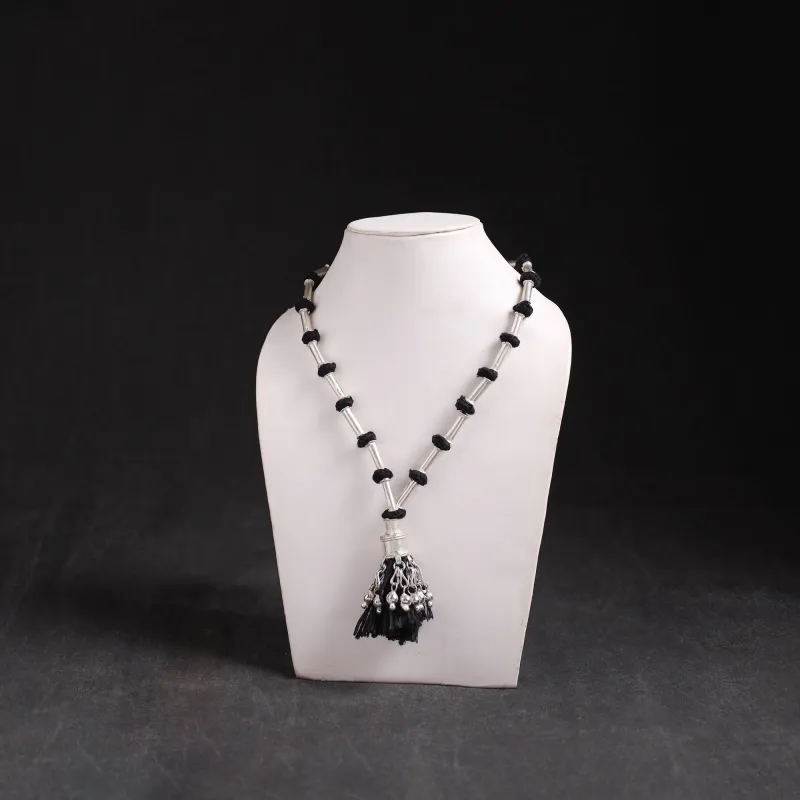 Black - Lambani Threadwork Oxidised White Metal Necklace 32 made by Itokri