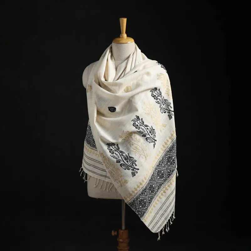 White - Handspun Handwoven Pure Eri Silk Aari Hand Embroidered Shawl of Assam 26 made by Itokri