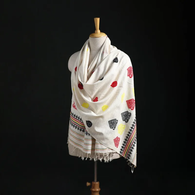 White - Handspun Handwoven Pure Eri Silk Aari Hand Embroidered Shawl of Assam 03 made by Itokri