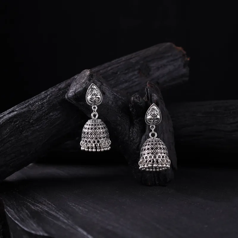 Grey - Aarohi German Silver Jhumka Earrings 01 made by Itokri