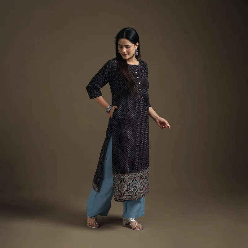 Black - Hand Block Print Cotton Straight Long Ajrakh Kurta for Women 08 made by Itokri