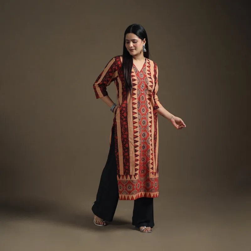 Red - Hand Block Print Cotton Straight Long Ajrakh Kurta for Women 02 made by Itokri