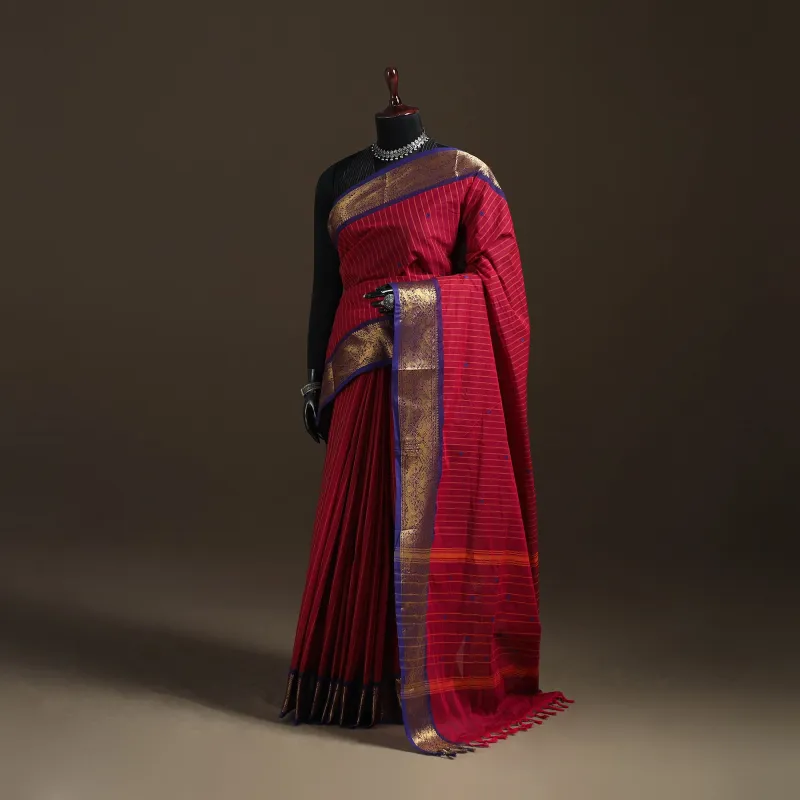 Red - Stripes Buti Cotton Zari Border Kanchipuram Saree 02 made by Itokri
