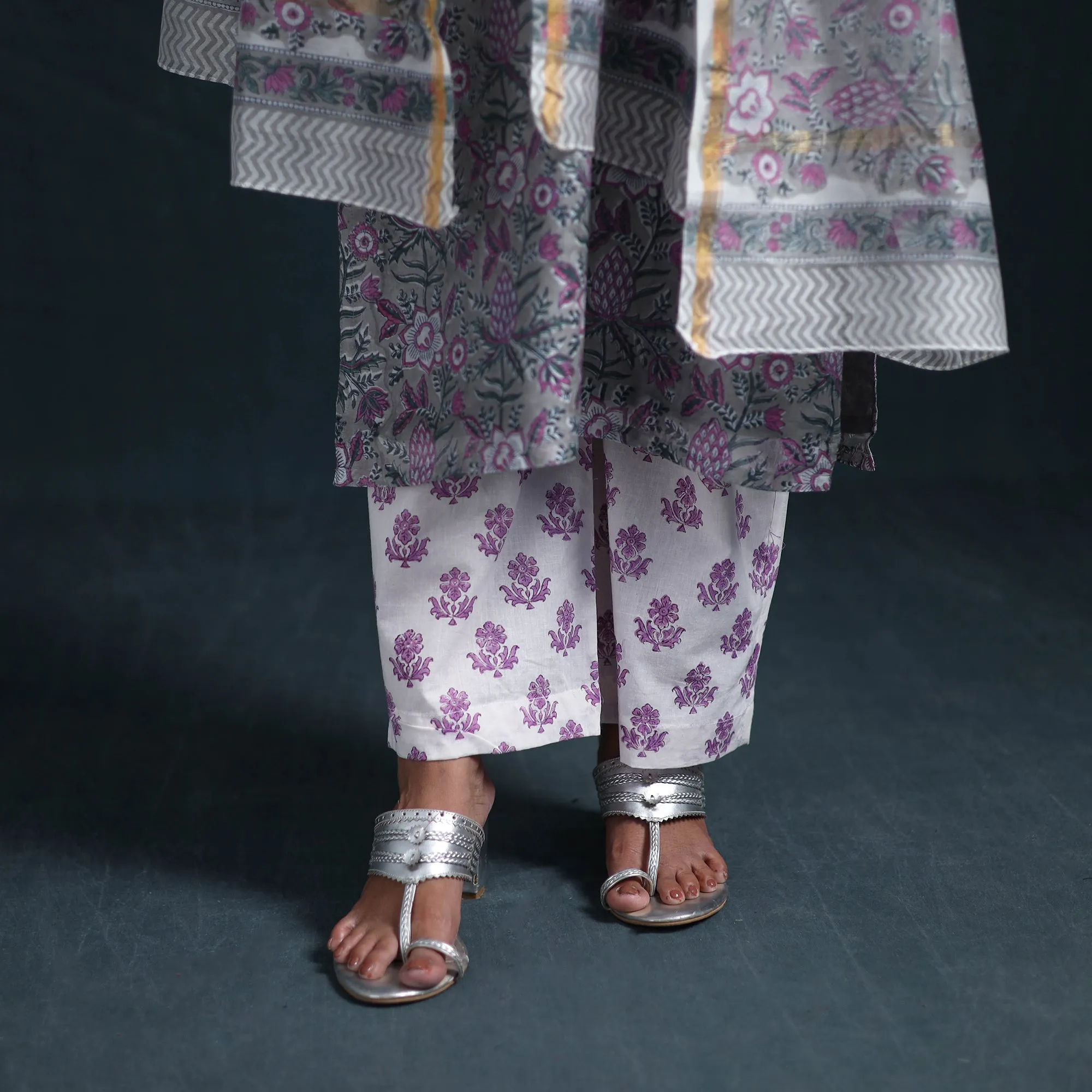 Grey - Sequin Work Sanganeri Hand Block Print Chanderi Silk Suit Set with Dupatta for Women 11 sold by Itokri product image thumbnail 5