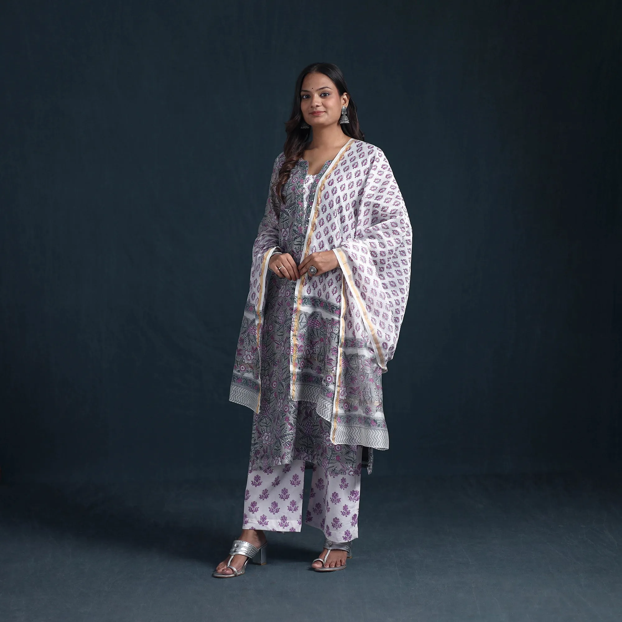 Grey - Sequin Work Sanganeri Hand Block Print Chanderi Silk Suit Set with Dupatta for Women 11 sold by Itokri