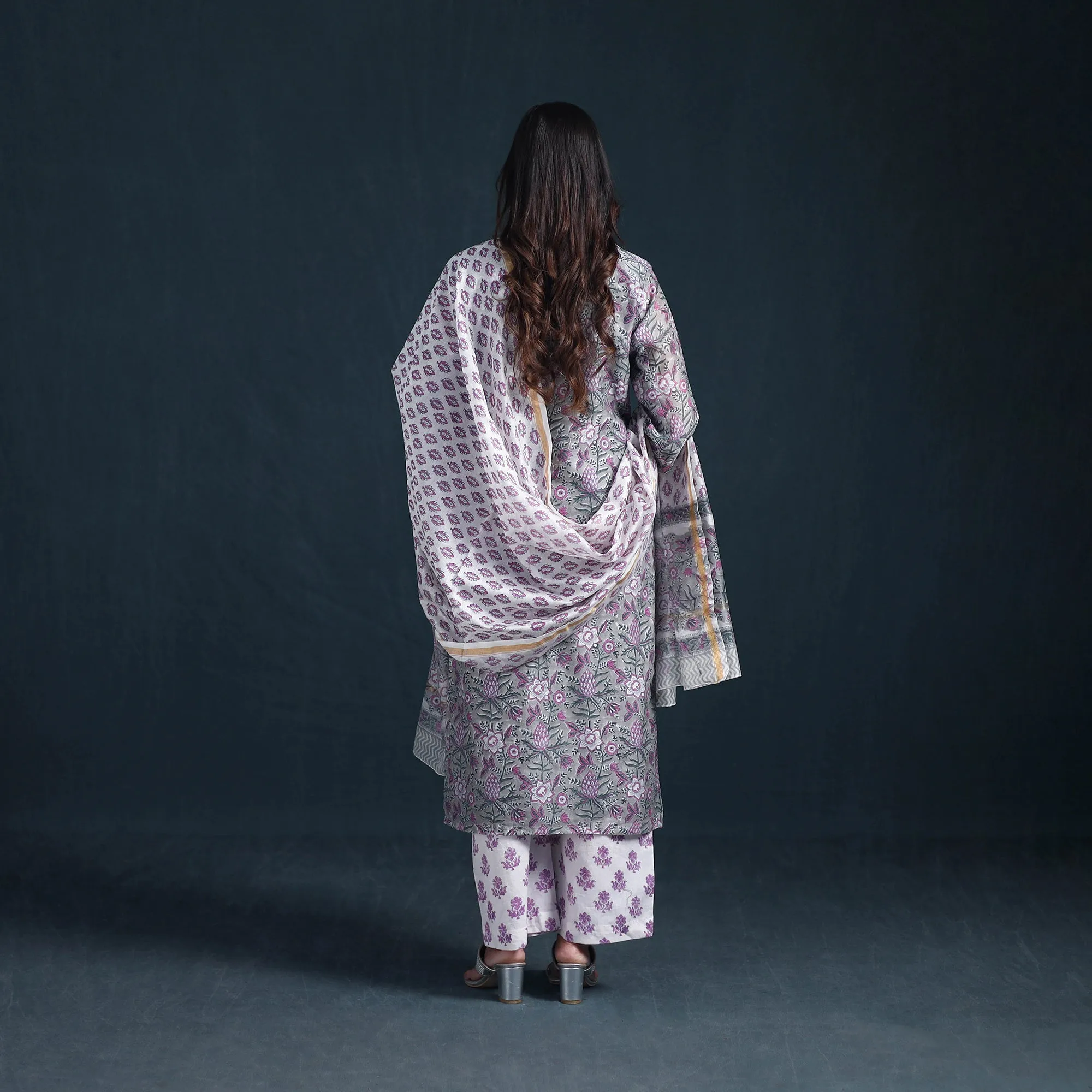 Grey - Sequin Work Sanganeri Hand Block Print Chanderi Silk Suit Set with Dupatta for Women 11 sold by Itokri product image thumbnail 3