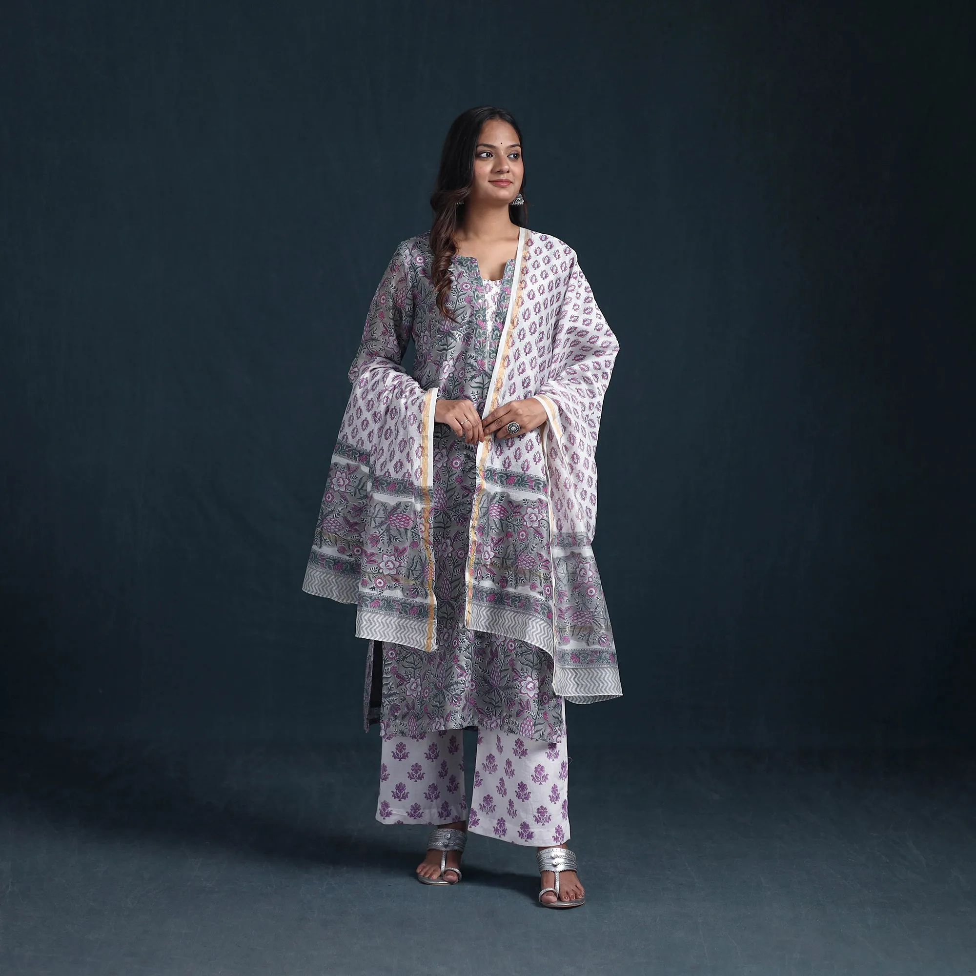Grey - Sequin Work Sanganeri Hand Block Print Chanderi Silk Suit Set with Dupatta for Women 11 sold by Itokri product image thumbnail 2