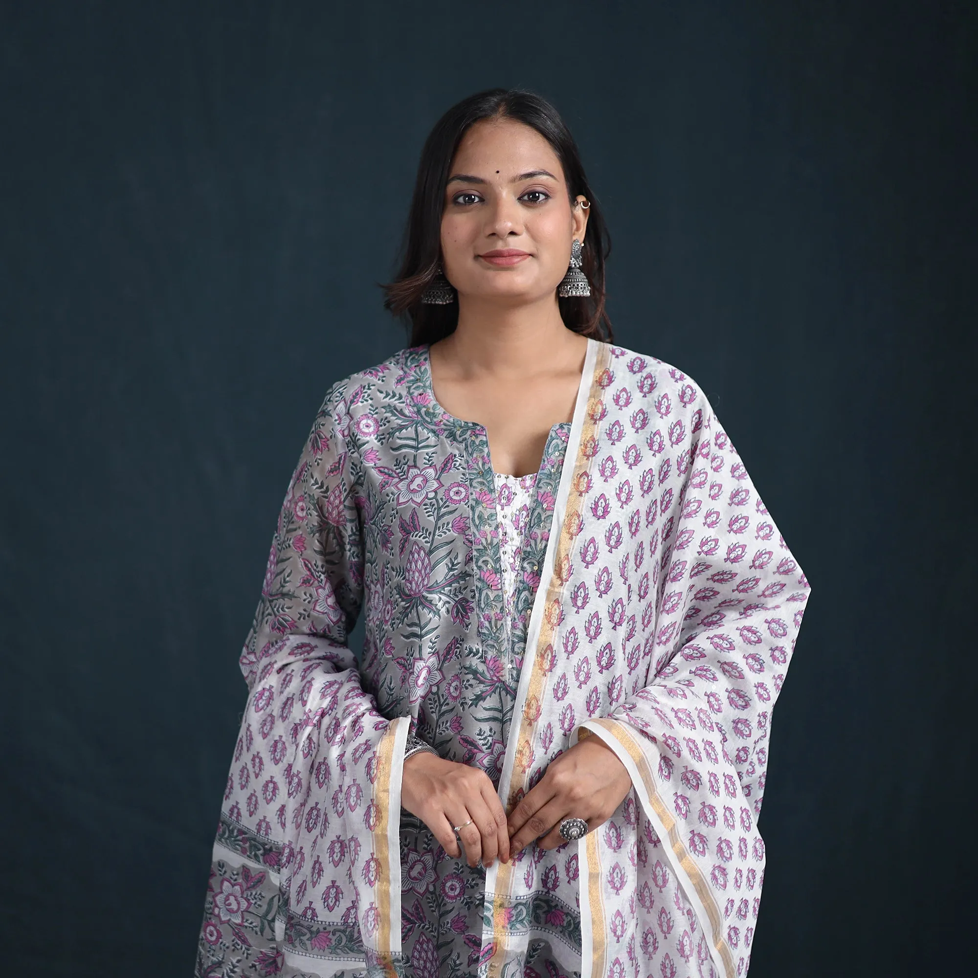 Grey - Sequin Work Sanganeri Hand Block Print Chanderi Silk Suit Set with Dupatta for Women 11 sold by Itokri product image thumbnail 4