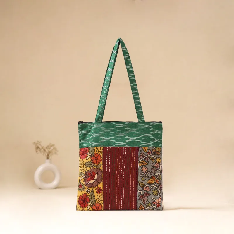 Srikalahasti Handpainted Kalamkari Ikat Patch Shoulder Bag by Dwarka Plus 45 made by Itokri
