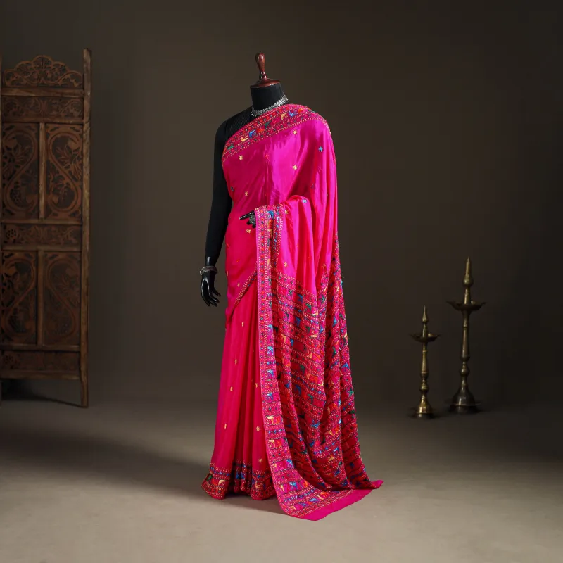 Pink - Chinon Silk Hand Embroidery Phulkari Saree 22 made by Itokri