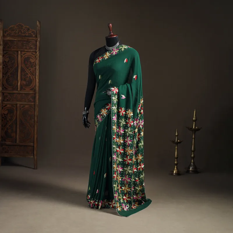 Green - Chinon Silk Hand Embroidery Phulkari Saree 12 made by Itokri