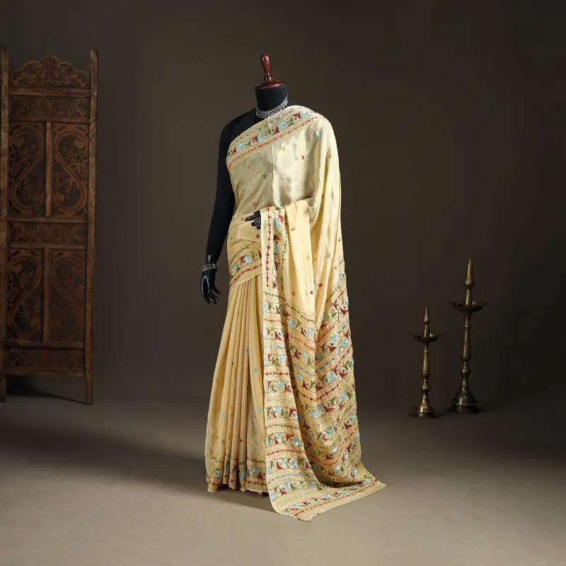 Beige - Chinon Silk Hand Embroidery Phulkari Saree 02 made by Itokri