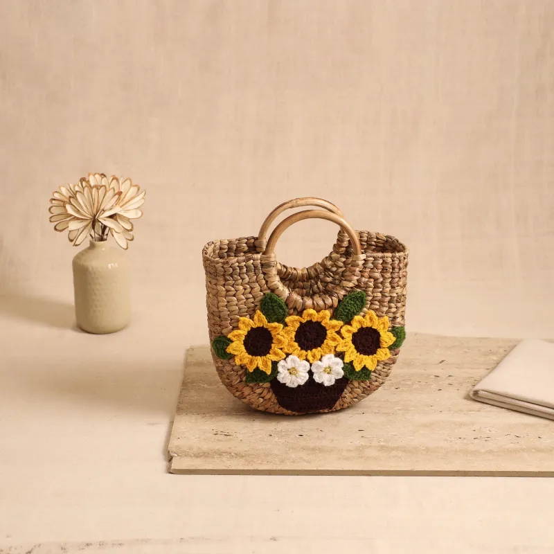 Beige - Handcrafted Crochet Work Natural Water Hyacinth Handbag for Women 13 made by Itokri