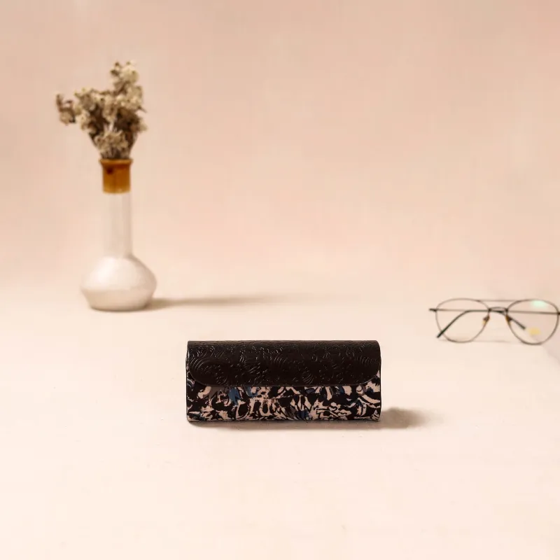 Black - Embossed Leather Flap Kalamkari Spectacle Case by Asalkaar 62 made by Itokri