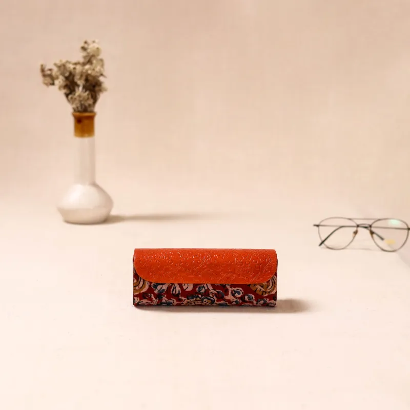 Orange - Embossed Leather Flap Kalamkari Spectacle Case by Asalkaar 54 made by Itokri