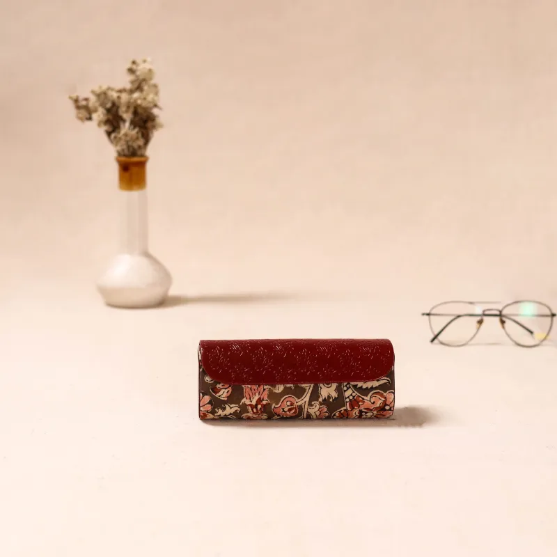 Maroon - Embossed Leather Flap Kalamkari Spectacle Case by Asalkaar 52 made by Itokri